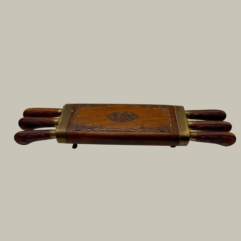 Vintage Hand Carved Wood Brass Steak Knife Set 6pc India Floral Storage Block